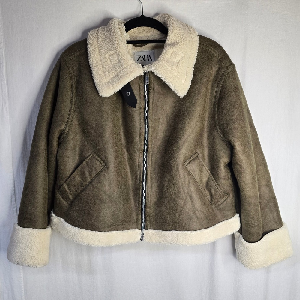 Zara Faux Shearling Aviator Jacket Women M Brown Faux Suede Biker Moto Coat